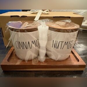 Rae Dunn White Ceramic Spice Cellars with Wooden Lids